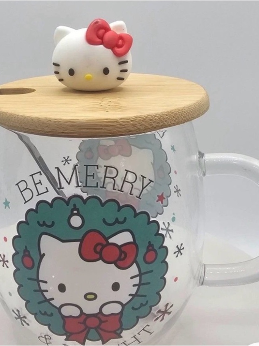 Hello Kitty, Sanrio, Glass Holiday Mug with Red Accents and Silver Spoon.